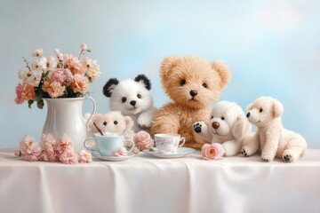 Cute teddy bears and stuffed animals with tea and flowers on a table