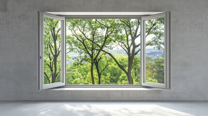 Fototapeta premium Serene Window View with Soft Natural Light and Lush Greenery Symbolizing Calmness and Clarity in a Peaceful Home Environment