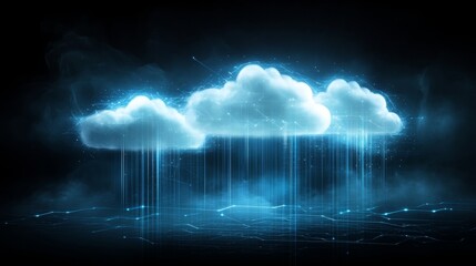 Glowing digital cloud network in dark futuristic setting