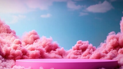 Pink bowl placed on a white surface surrounded by fluffy white clouds in a bright sky
