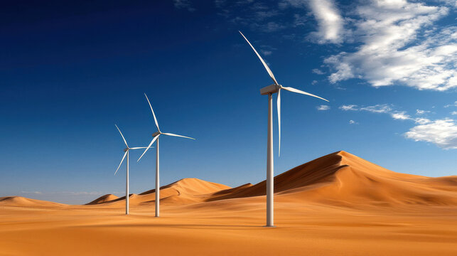 Wind turbine farm in desert landscape under clear blue sky, symbolizing renewable energy and sustainability. scene captures harmony between technology and nature