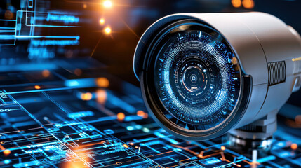 High tech surveillance camera with digital interface and data visualization. image showcases advanced technology in security systems, emphasizing innovation and precision