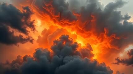 Dramatic fiery clouds at dusk, with dark clouds underneath, could be used for background or visual effects