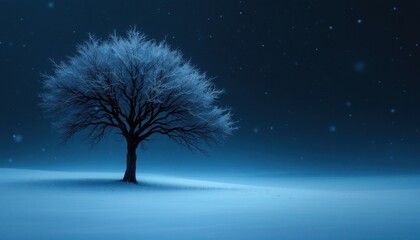 Solitary winter tree under a starlit sky
