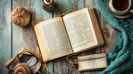 Fototapeta premium Open book, tea, glasses, and cozy sweater on rustic wooden table.