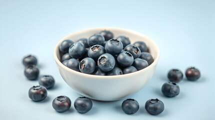 Fresh blueberries in a white bowl on a light blue surface