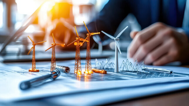 Innovative business meeting discussing renewable energy solutions with wind turbine models and blueprints. atmosphere is focused and collaborative, highlighting sustainable development