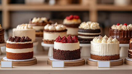 Delightful collection of mini cakes with various frostings and toppings, showcasing rich textures and colors, perfect for any celebration or dessert table