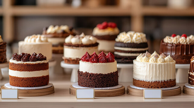 Delightful collection of mini cakes with various frostings and toppings, showcasing rich textures and colors, perfect for any celebration or dessert table