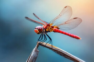 Vibrant red dragonfly perched on dry twig in natural setting
