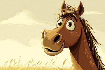 A cheerful cartoon horse with a friendly expression against a soft, warm background.