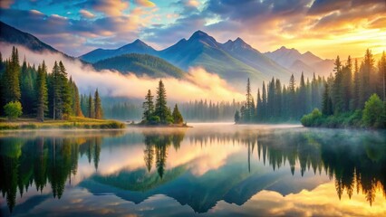 Misty Mountain Lake Reflection - Morning Light