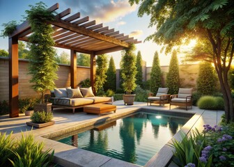 Modern Backyard Oasis: Tranquil Poolside Pergola - Vintage Photography