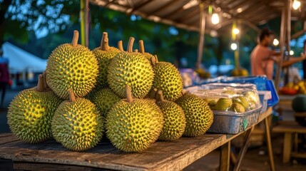 A Pile of Durians at a Night Market Stall in Southeast Asia