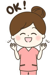 OKポーズをしているスクラブの女性のゆるかわイラスト