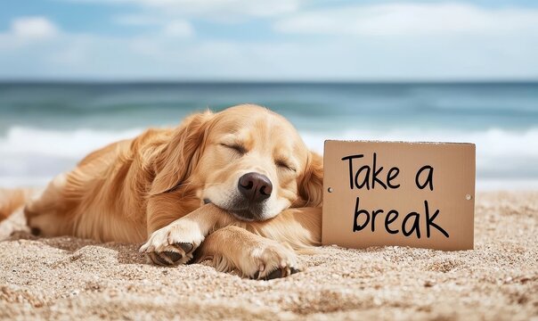 Happy Pet Friendly Travel. A golden retriever relaxing on the beach with a sign saying "Take a break. - Powered by Adobe
