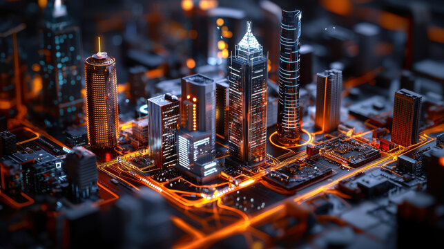 futuristic smart city skyline illuminated by vibrant lights, showcasing advanced infrastructure and technology. scene captures essence of urban innovation and connectivity