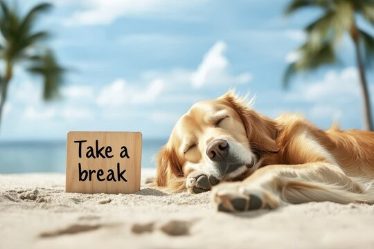 Happy Pet Friendly Travel. A golden retriever relaxing on the beach with a sign that says "Take a break.