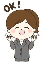 OKポーズをしているスーツの女性のゆるかわイラスト