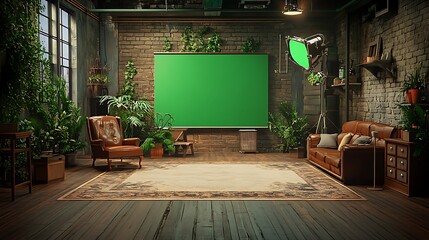 Creative studio setup with green screen in modern urban environment