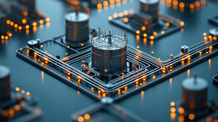 Smart water management system with illuminated pipelines and tanks, showcasing advanced technology for efficient resource monitoring and management