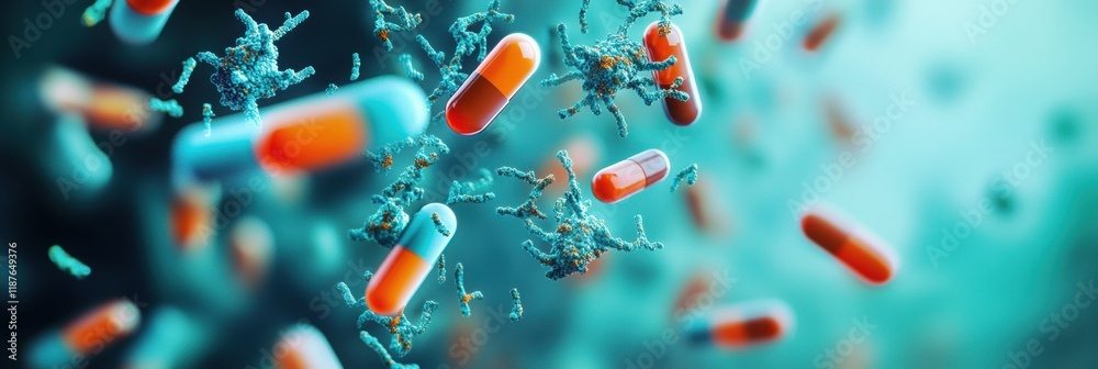 Aufkleber pills surround and target bacteria representing advancements in medical science and treatments in a 