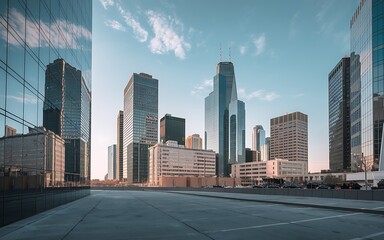 Cityscape sunrise, urban buildings, empty street, background skyline, business use