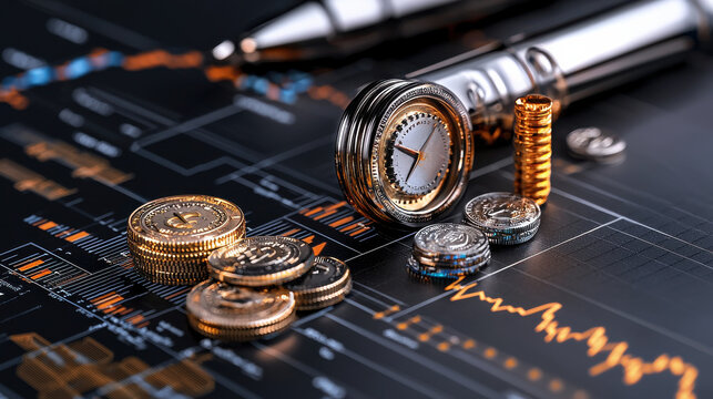 Timepiece and coins on financial charts, symbolizing investment and wealth management. image captures essence of tracking financial growth and market trends