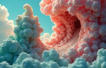 Organic pastel structures resembling clouds and coral, flowing in surreal curves. Pink and teal hues merge in a dreamlike, fantasy-scape under a clear sky.
