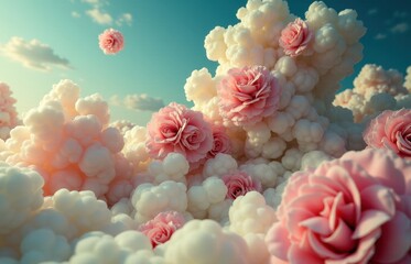 Whimsical clouds of soft white and pink, adorned with blooming roses, floating against a vivid blue sky in a surreal dreamscape.