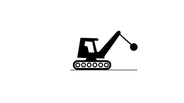 Demolition truck with wrecking ball hanging animation. heavyweight metal ball wrecker crane to damage residential property wall breakdown symbol. Construction car icon.