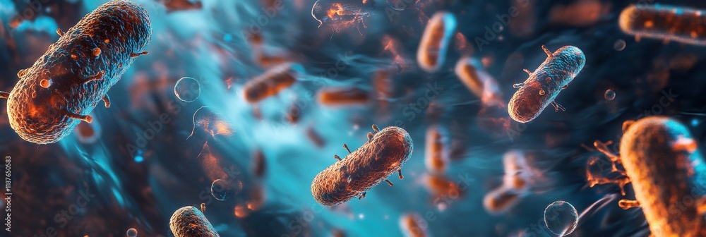 Fototapete swirling bacteria and microbes navigate through a vibrant liquid environment filled with dynamic mot