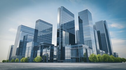 Fototapeta premium Modern cityscape, skyscrapers, sunny day, urban development, business background