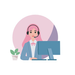 Call Center Woman Vector Illustration, Flat Design Character