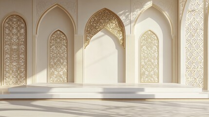 Obraz premium Elegant Islamic Archway Display: Golden Filigree and Serene White