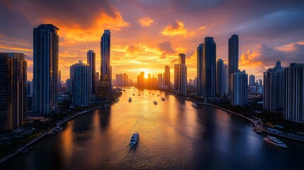 Fototapeta premium Breathtaking Dubai Skyline at Sunset - Aerial Cityscape Photography