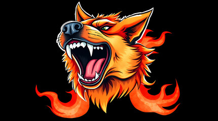 Red and orange canine head with an open mouth emitting flames, set against a black background, suitable for use in graphics