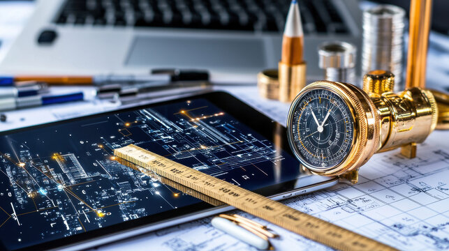 wireless smart ruler measures dimensions on digital tablet, showcasing precision tools and architectural plans. scene reflects modern workspace for design and engineering