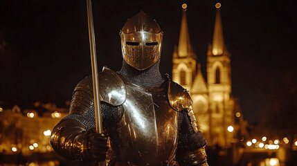 A medieval knight in shining armor stands guard before a majestic church at night, a powerful and evocative scene.