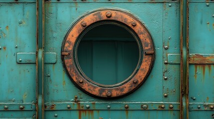 A rusted circular metal porthole window on a teal industrial background showing signs of age, texture, and neglect in an abandoned setting.
