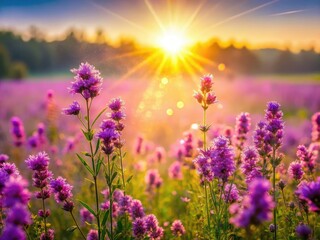 Fototapeta premium Morning Sunshine Purple Meadow Bokeh Flowers Low Light
