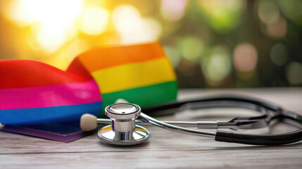 Rainbow pride flag and stethoscope symbolize support for LGBTQ+ rights and healthcare. This conveys inclusivity and compassion in medical settings