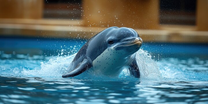 Dolphin gracefully leaping out of the water in a lively aquatic display showcasing its agility and playful nature in a marine environment perfect for wildlife enthusiasts