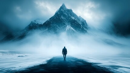 A solitary figure walks a path towards a majestic, fog-enshrouded mountain in a breathtaking winter landscape. The scene evokes a sense of serenity, adventure and the sublime.