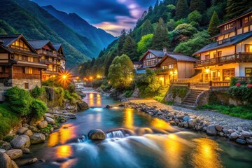 Mountain Village River Night Photography