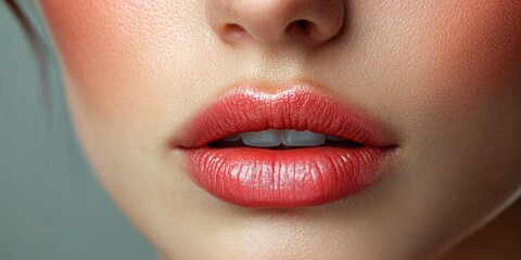 Obraz premium An extreme close-up, detailed image captures the smooth texture and vibrant color of a person's lips, showcasing the natural beauty of human features
