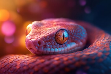 Fototapeta premium Vivid close-up of a colorful snake with striking eyes in bright lighting