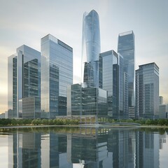 Obraz premium Modern city skyline reflected in calm water at sunrise; ideal for urban development presentations