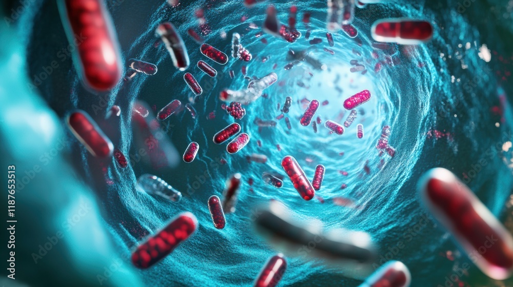 Poster Pills encircling bacteria in a dynamic visual metaphor for advancements in medical science and healthcare solutions. Generative AI