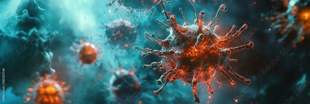 Poster Viruses transform and mutate in a vivid and dynamic microscopic environment showcasing their complex behavior. Generative AI